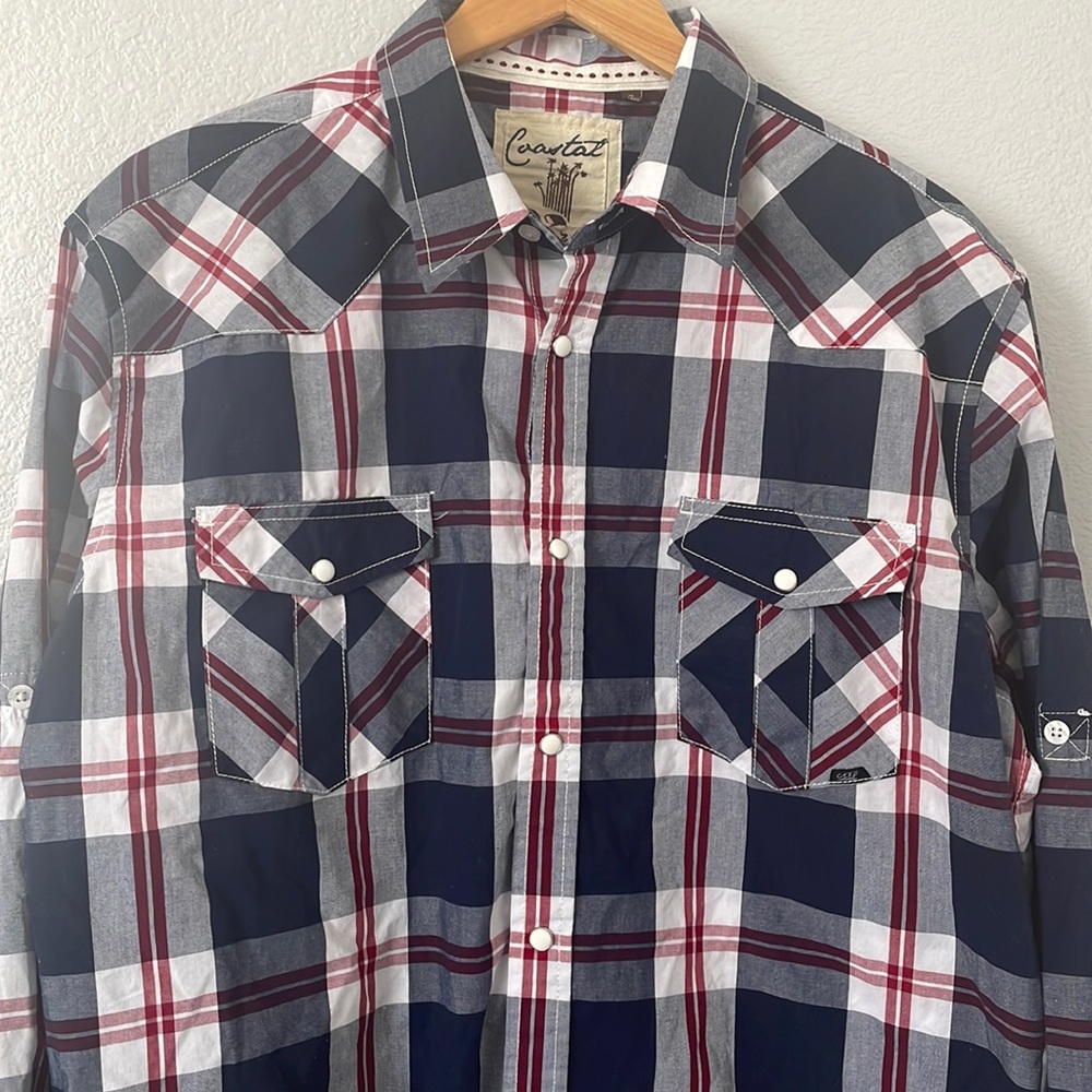 Men’s Blue Red and White Plaid Long Sleeve